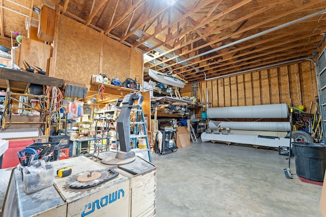 garage with a workshop area