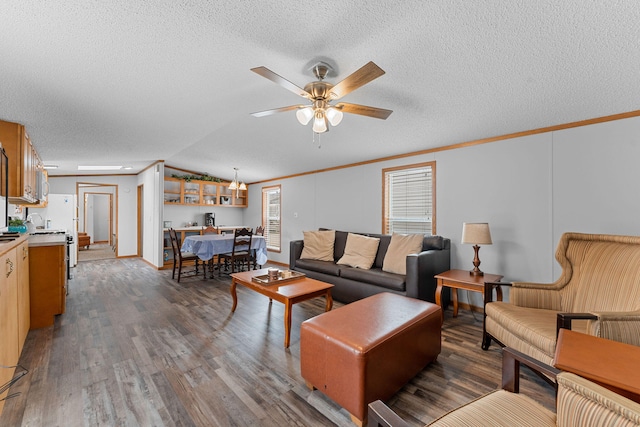 living room with ceiling fan, dark hardwood / wood-style floors, crown molding, vaulted ceiling, and a textured ceiling