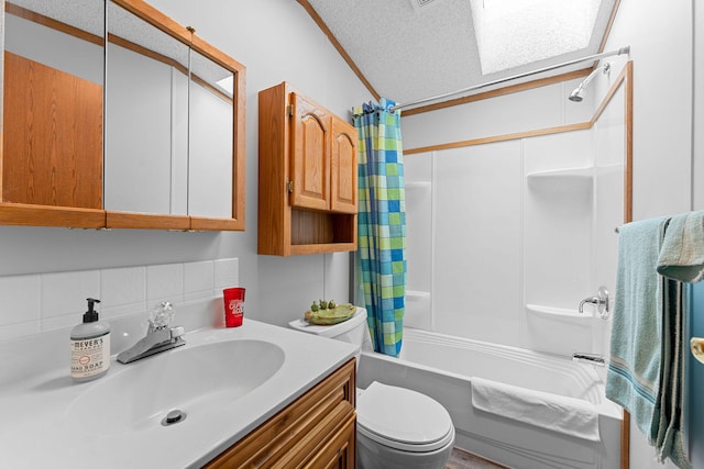 full bathroom with shower / bath combination with curtain, vanity, a textured ceiling, crown molding, and toilet