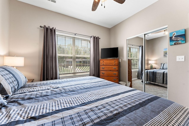 280 Tina St Unit 9, Hollister, MO 65672 - bedroom with carpet, a closet, a ceiling fan, and multiple windows