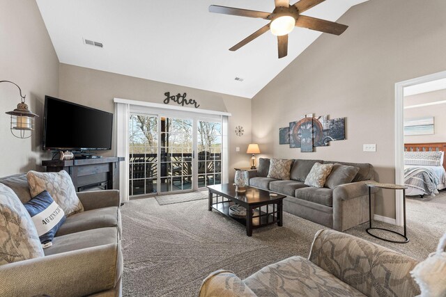 280 Tina St Unit 9, Hollister, MO 65672 - carpeted living area featuring visible vents, a ceiling fan, and high vaulted ceiling