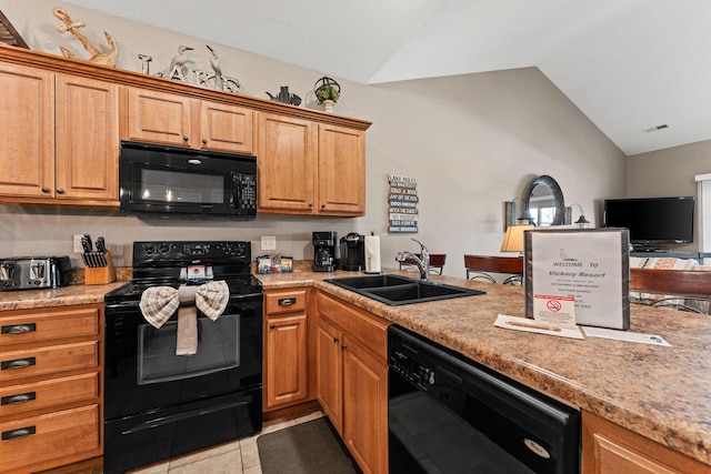 280 Tina St Unit 9, Hollister, MO 65672 - kitchen with lofted ceiling, light countertops, visible vents, a sink, and black appliances