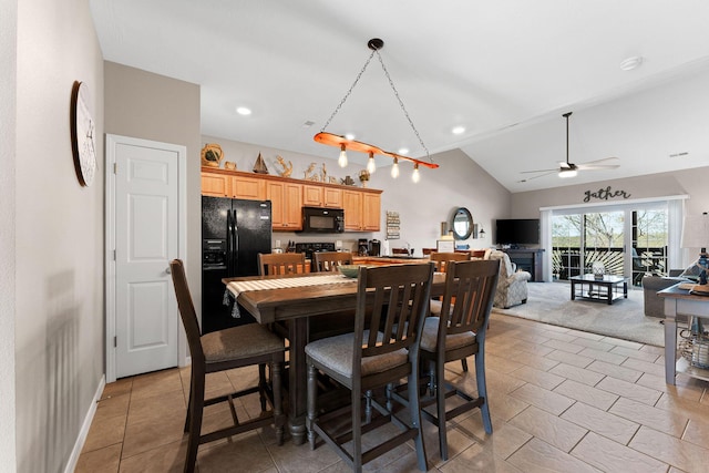 280 Tina St Unit 9, Hollister, MO 65672 - dining room with lofted ceiling, light tile patterned floors, recessed lighting, and ceiling fan