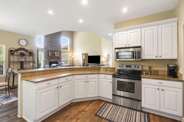 kitchen with a fireplace, stainless steel appliances, dark hardwood / wood-style floors, white cabinets, and dark stone countertops