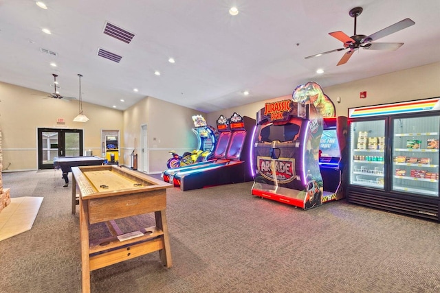 recreation room with french doors, carpet, and ceiling fan