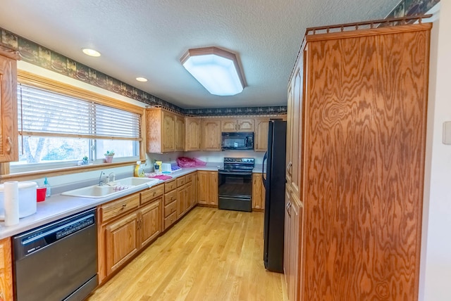 kitchen featuring light hardwood / wood-style floors, black appliances, sink, and a textured ceiling