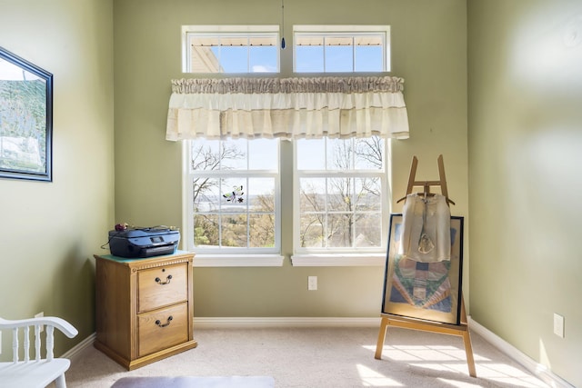 bedroom with multiple windows, light carpet, and baseboards