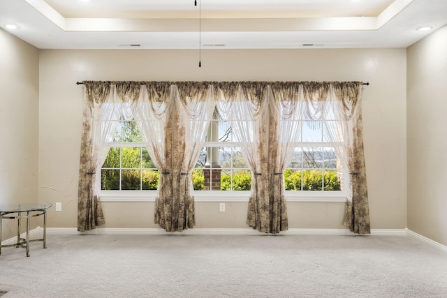 carpeted spare room with baseboards, a raised ceiling, and a wealth of natural light