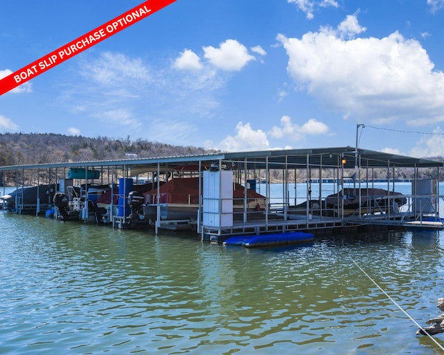 dock area with a water view and boat lift