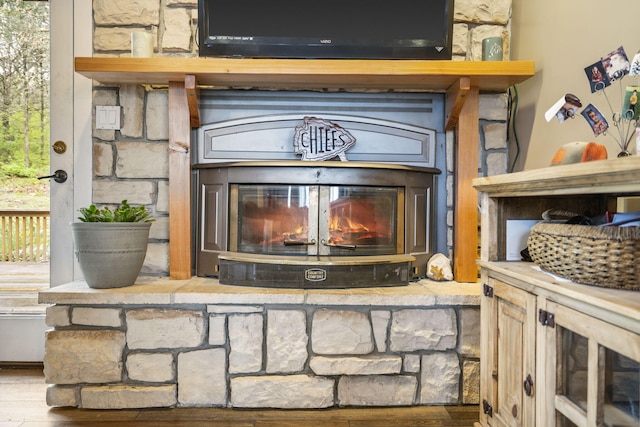 details featuring a fireplace and wood-type flooring