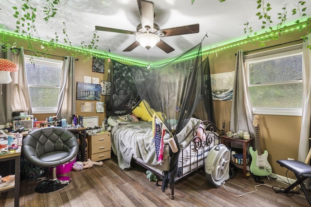 bedroom featuring multiple windows and wood finished floors