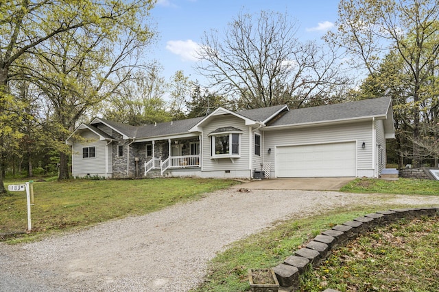 ranch-style home with crawl space, a front lawn, dirt driveway, covered porch, and an attached garage