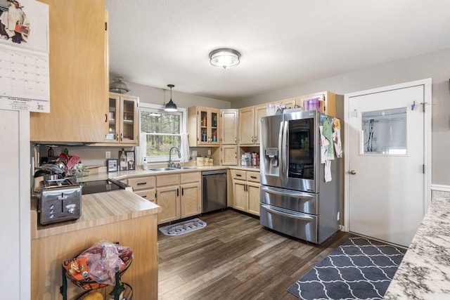kitchen with dark wood finished floors, light countertops, light brown cabinets, a sink, and appliances with stainless steel finishes