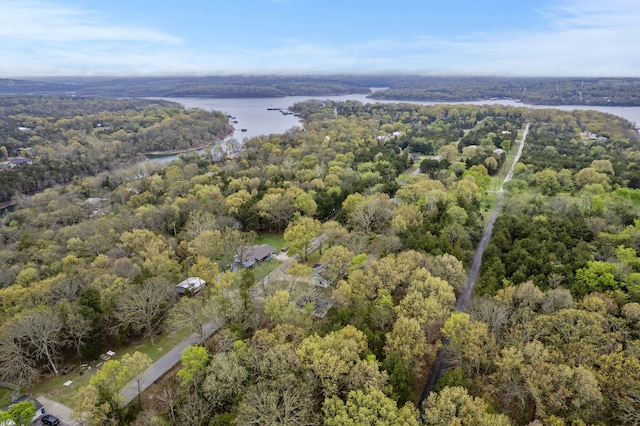 aerial view featuring a forest view and a water view