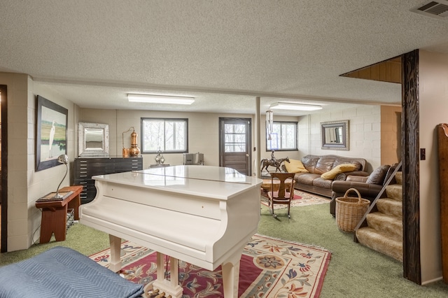 misc room featuring carpet flooring and a textured ceiling