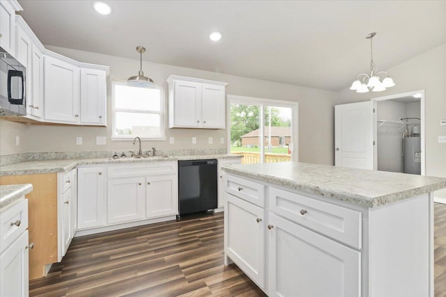 kitchen featuring dishwasher, dark wood-type flooring, decorative light fixtures, and white cabinetry