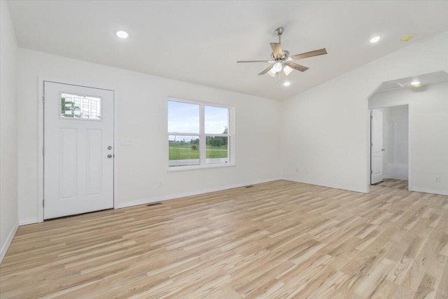 entryway with light wood-type flooring and ceiling fan