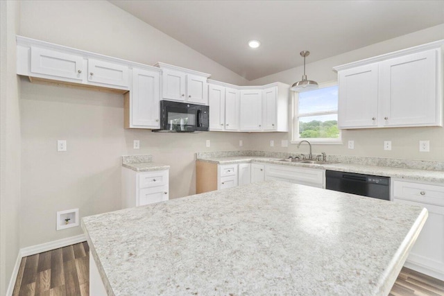 kitchen featuring lofted ceiling, black appliances, white cabinets, sink, and dark hardwood / wood-style flooring