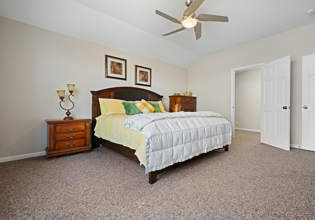 carpeted bedroom with lofted ceiling and ceiling fan