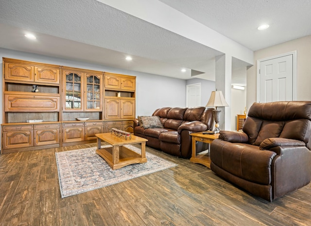 living room with dark hardwood / wood-style floors and a textured ceiling