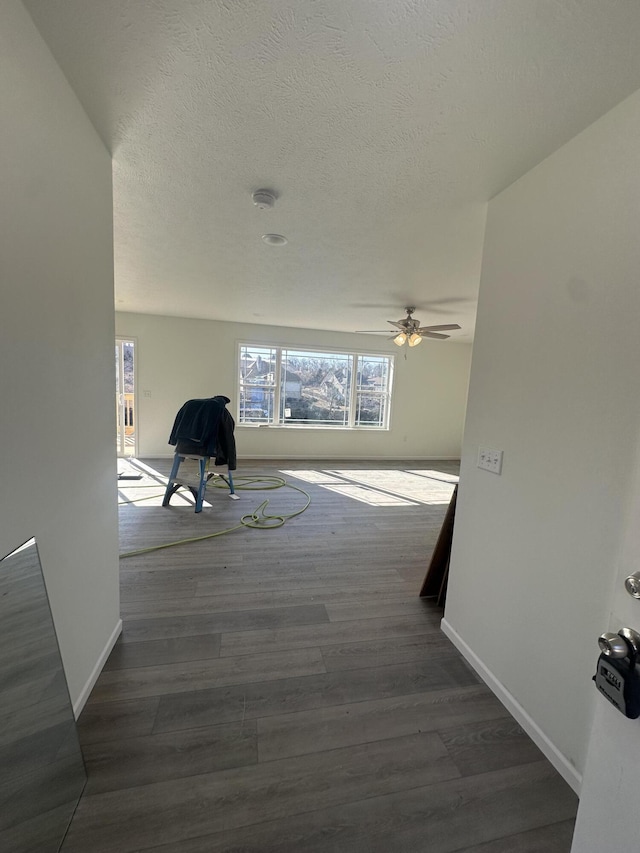 hallway with a textured ceiling and dark hardwood / wood-style flooring