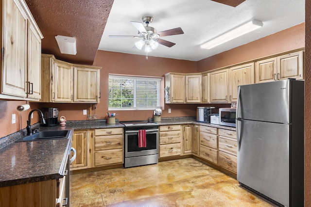 106 Willowbrooke, Branson, MO 65616 - kitchen with dark countertops, a ceiling fan, light brown cabinets, a sink, and appliances with stainless steel finishes