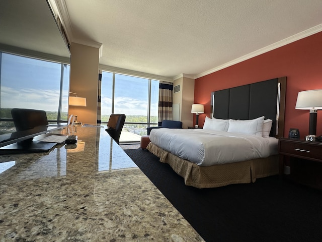 bedroom with crown molding, a textured ceiling, floor to ceiling windows, granite finish floor, and access to outside