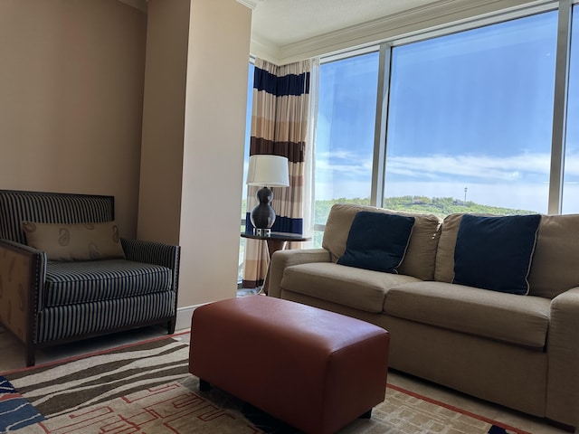 living room with a wealth of natural light and crown molding