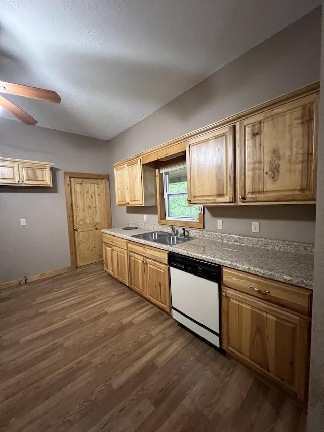 429 S Eagle Ave, Norwood, MO 65717 - kitchen with dishwasher, a ceiling fan, dark wood-style flooring, and a sink