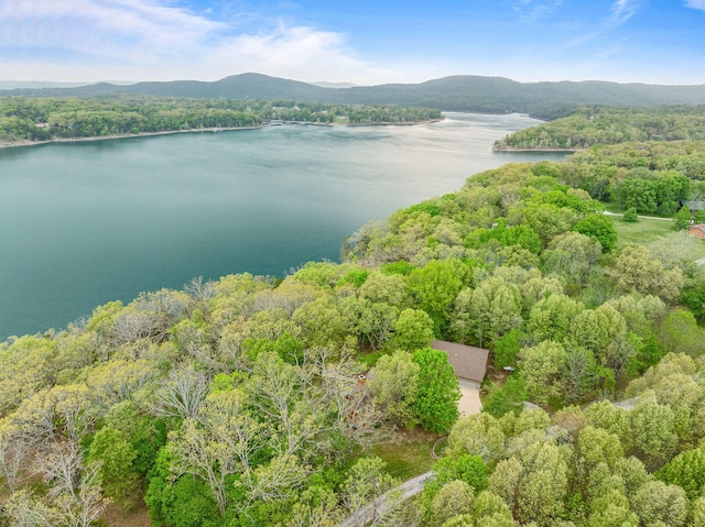 bird's eye view featuring a water and mountain view