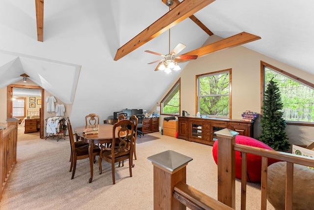 24265 Raintree Ln, Shell Knob, MO 65747 - dining space featuring light colored carpet, vaulted ceiling with beams, and plenty of natural light