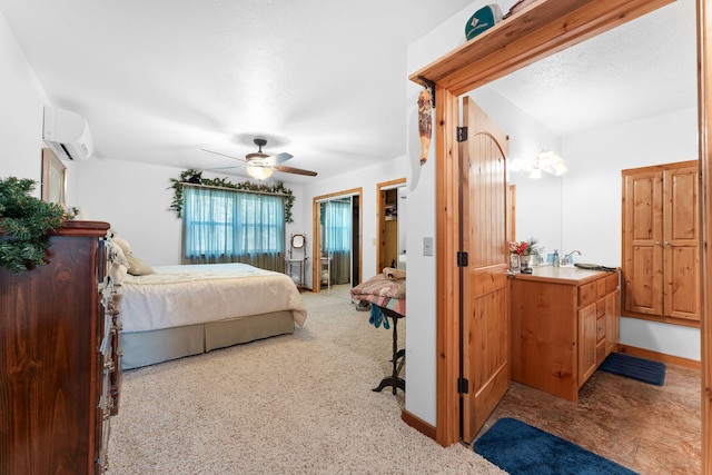 bedroom featuring light carpet, a wall unit AC, and ceiling fan