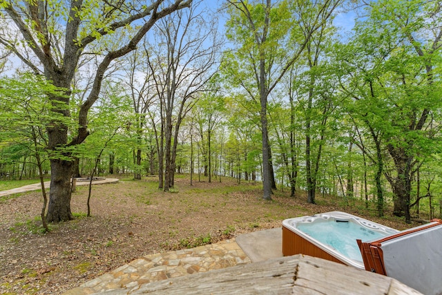 view of swimming pool featuring a hot tub