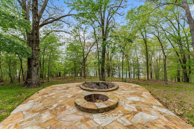 view of patio / terrace featuring an outdoor fire pit