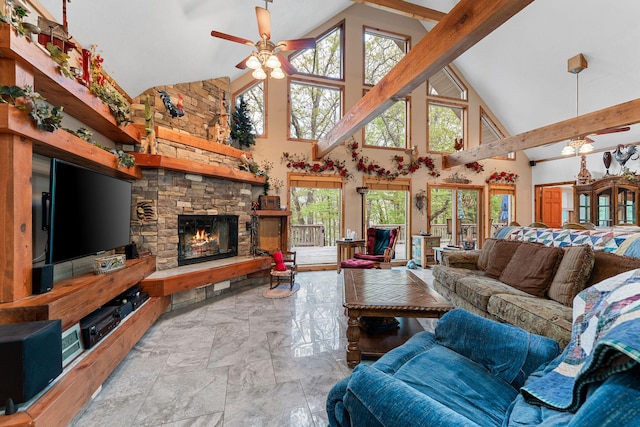 living room featuring a fireplace, high vaulted ceiling, beam ceiling, and ceiling fan