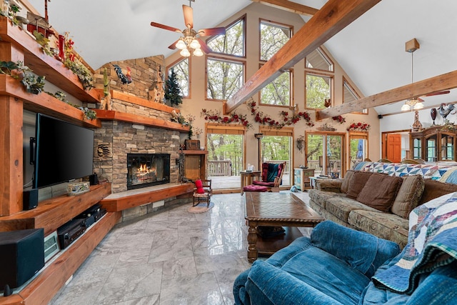 24265 Raintree Ln, Shell Knob, MO 65747 - living room with a fireplace, a wealth of natural light, a ceiling fan, and high vaulted ceiling