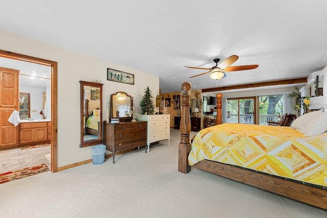 bedroom featuring ceiling fan, connected bathroom, carpet flooring, and access to outside