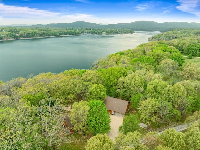 birds eye view of property with a water and mountain view