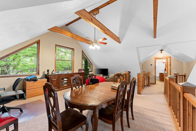 carpeted dining area featuring lofted ceiling with beams and ceiling fan