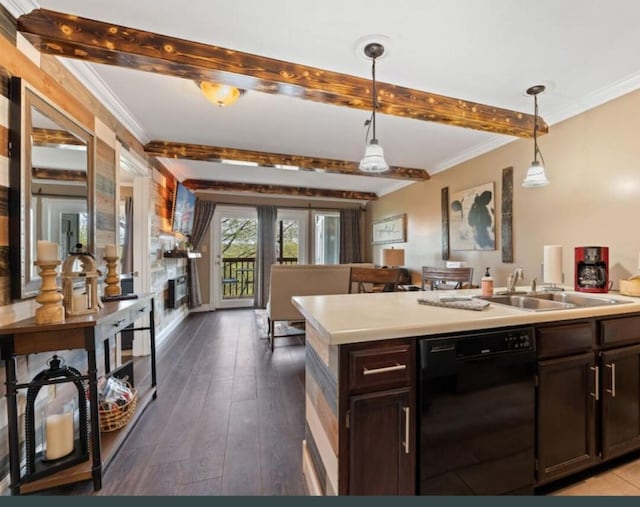 kitchen featuring light countertops, a sink, beamed ceiling, crown molding, and dishwasher