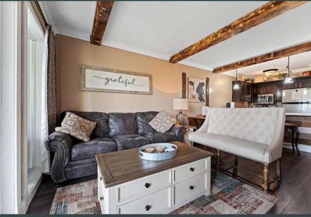 living area with beamed ceiling, crown molding, and dark wood-style floors