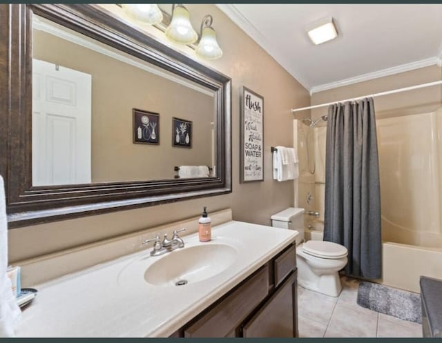 bathroom with shower / bath combo, vanity, toilet, ornamental molding, and tile patterned flooring