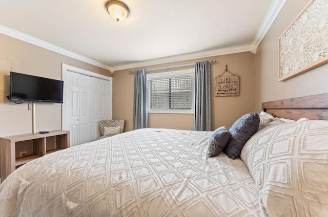 bedroom with a closet and crown molding