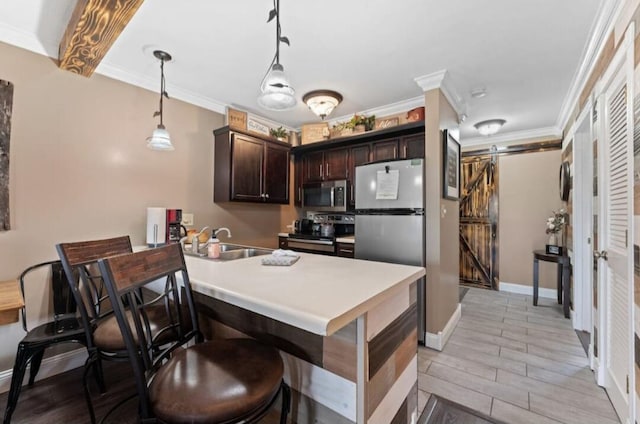 kitchen featuring a sink, a barn door, dark brown cabinets, crown molding, and appliances with stainless steel finishes