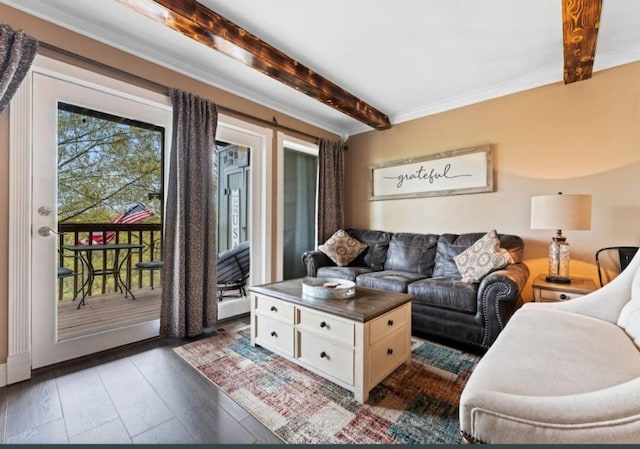 living room with beam ceiling and dark hardwood / wood-style flooring