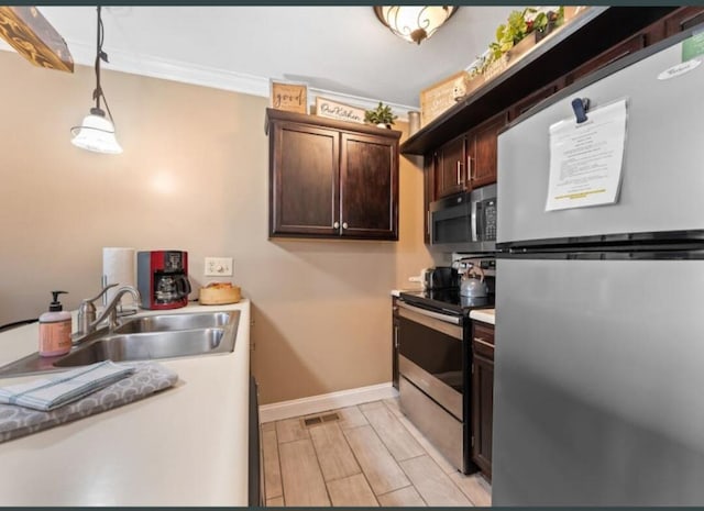 kitchen with dark brown cabinetry, hanging light fixtures, sink, light hardwood / wood-style flooring, and appliances with stainless steel finishes