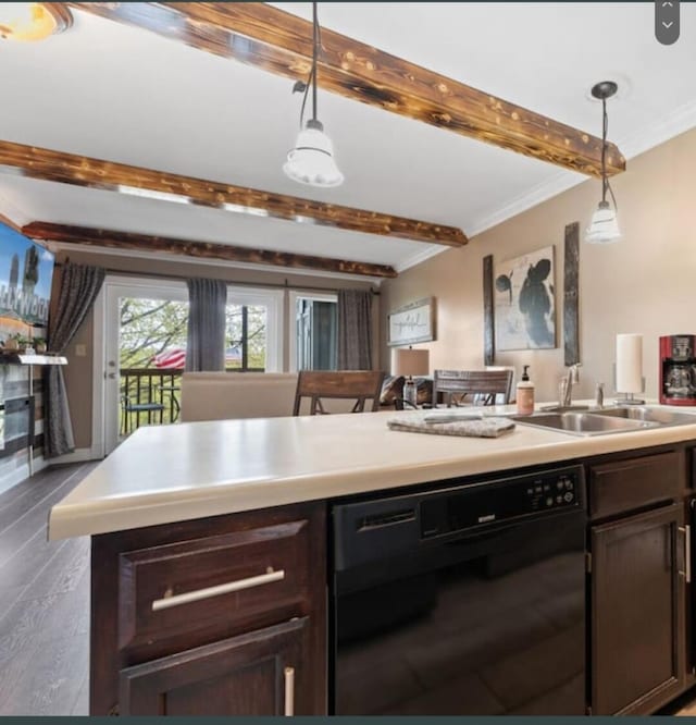 kitchen with a sink, dishwasher, dark brown cabinetry, beamed ceiling, and light countertops