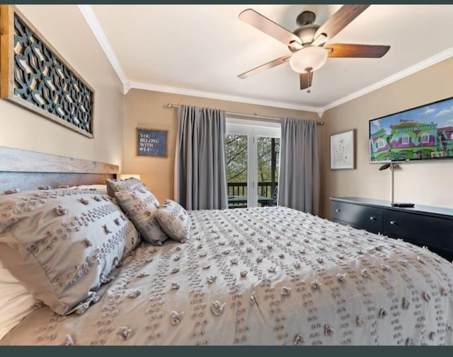 bedroom featuring ceiling fan, access to exterior, and ornamental molding