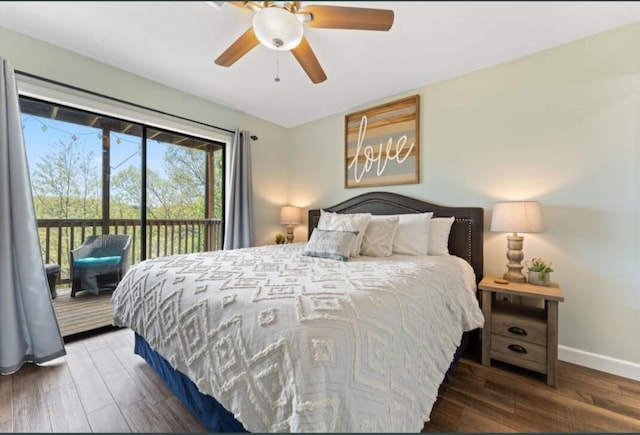 bedroom featuring access to outside, dark hardwood / wood-style flooring, and ceiling fan