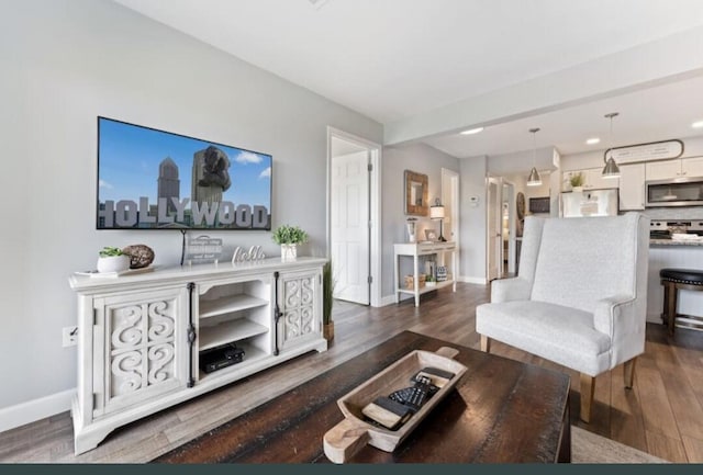 living room with baseboards and dark wood-style floors